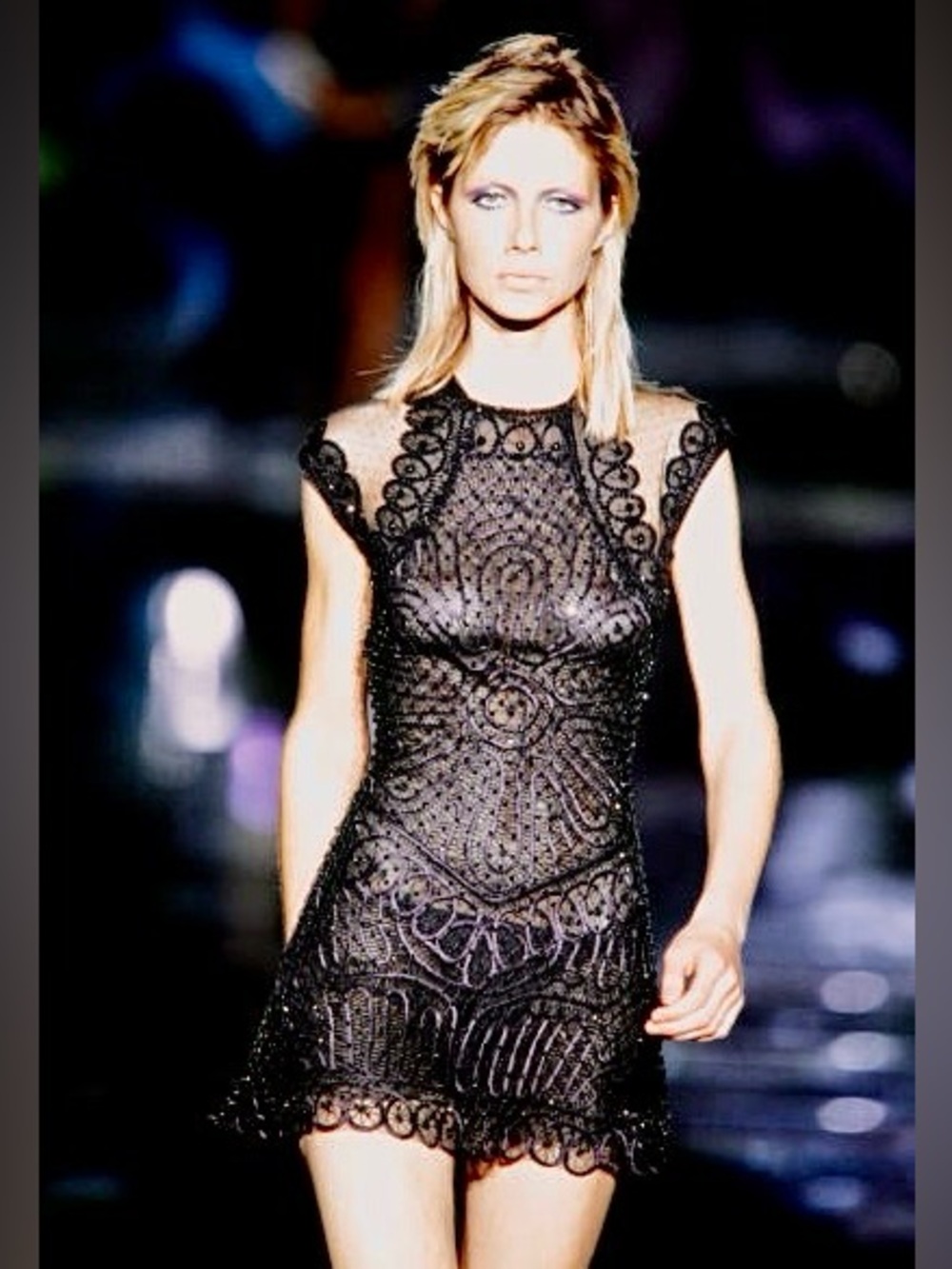 Vintage GIANNI VERSACE S/S 2002 Embellished Lace Mesh Mini Dress in Black